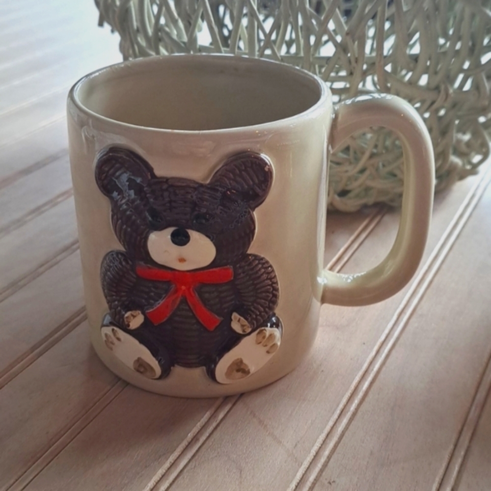 Handpainted by Otagiri Teddy Bear Mug With a Red Bow Vintage
